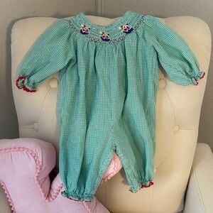 Marie Nicole Green Gingham Smocked Long Bubble with Santa Embroidery